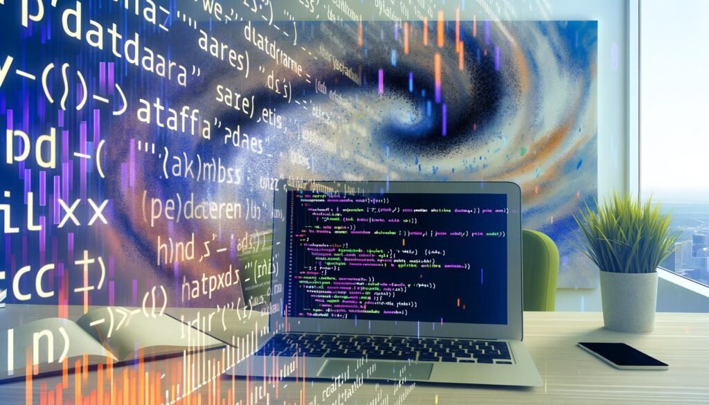Moderner Arbeitsplatz mit Laptop, der Python-Pandas-DataFrame anzeigt, umgeben von Daten-Begriffen und abstrahierten Datensätzen im Hintergrund