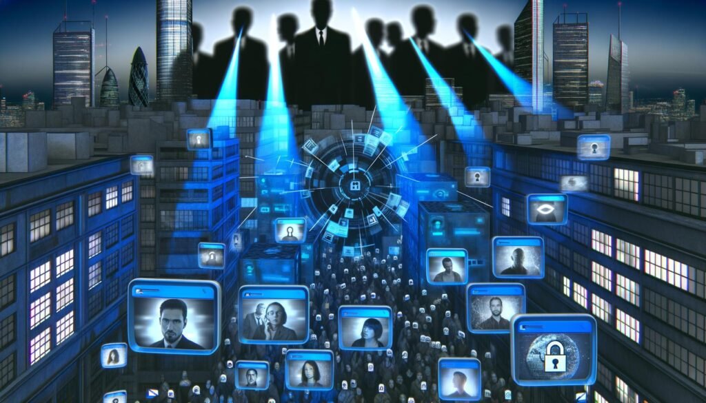 Dystopische Stadt mit blauen und grauen Tönen, überwacht von anonymen Regierungsfiguren. Smartphones und Computer senden Datenströme in EU-sternförmige Server, während kaputte digitale Schlösser das Scheitern von Verschlüsselung symbolisieren.