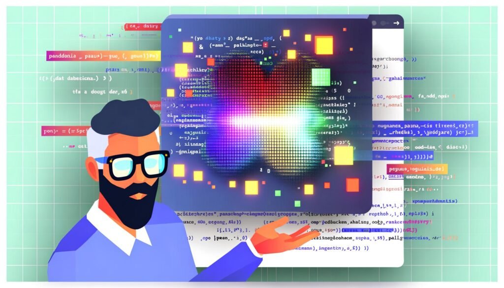 Leuchtender, stilisierter Pandas-DataFrame mit bunten Zellen, hipper Data Scientist und visuelle SQL-Querys sowie moderne Tech-Elemente in isometrischer Magazin-Optik.