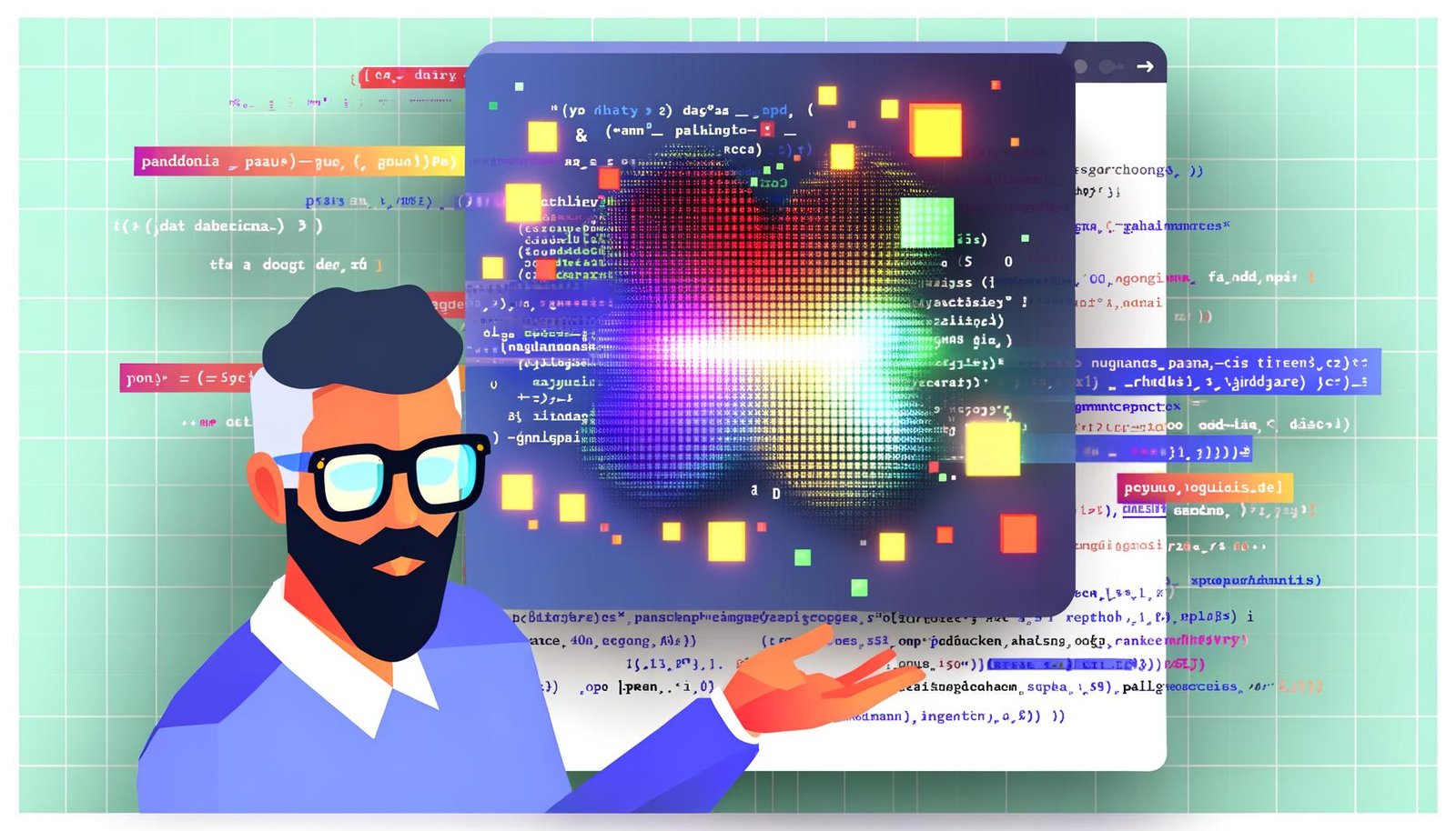Leuchtender, stilisierter Pandas-DataFrame mit bunten Zellen, hipper Data Scientist und visuelle SQL-Querys sowie moderne Tech-Elemente in isometrischer Magazin-Optik.