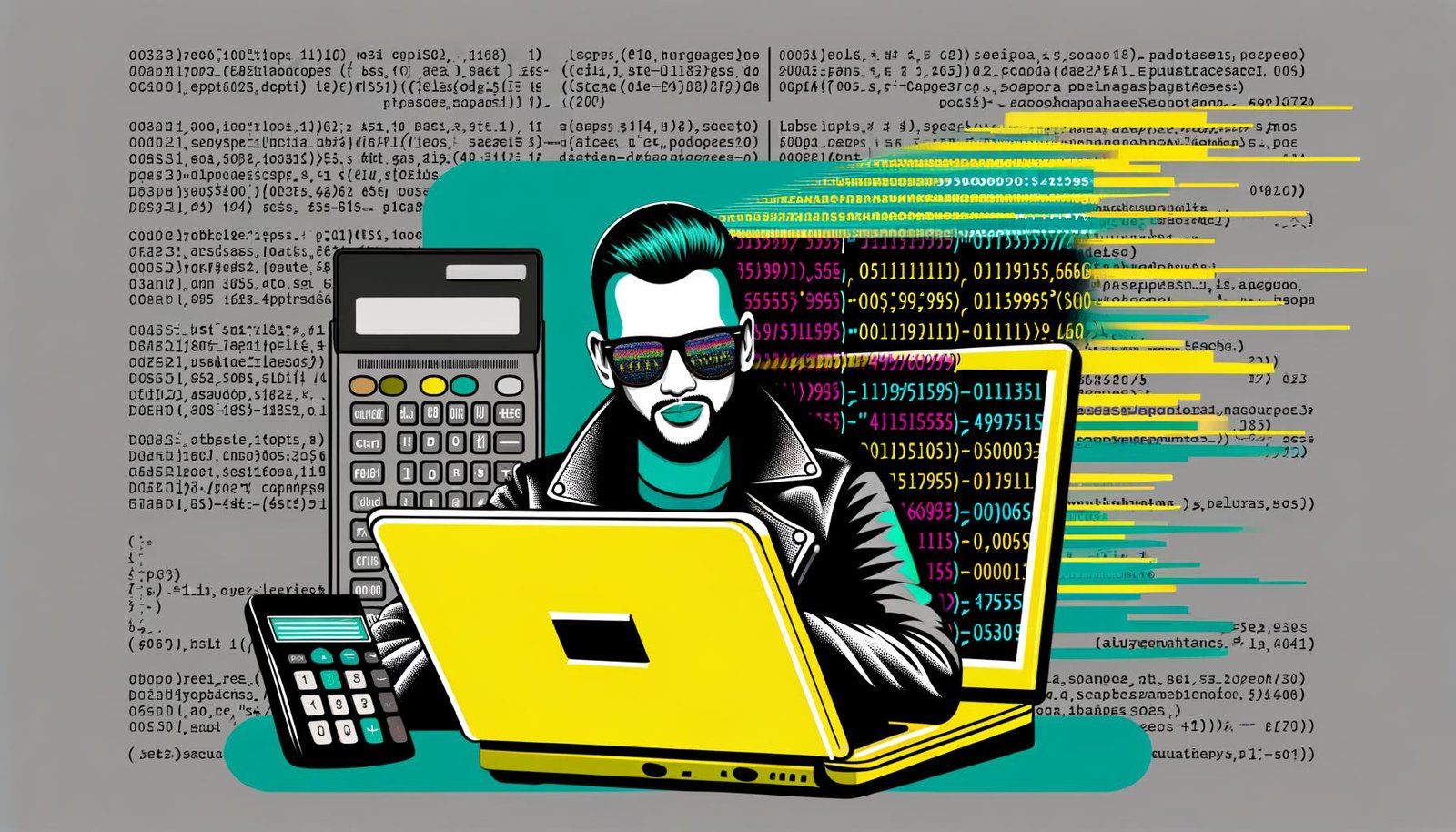 Illustration eines coolen Programmierers mit Sonnenbrille am Laptop, mit buntem Pandas-Code auf dem Bildschirm. Im Hintergrund verschwinden graue Excel-Tabellen und Taschenrechner, während eine leuchtende Pandas-Bibliothek über allem schwebt.