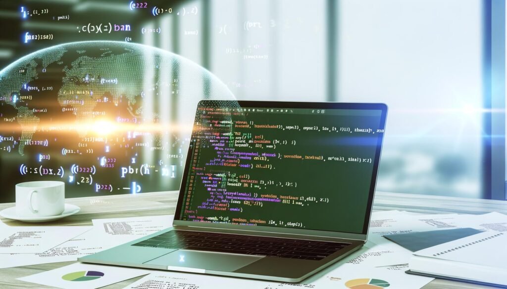 Moderner Schreibtisch mit aufgeklapptem Laptop und sichtbarem Python-Code mit Pandas, verstreuten Excel-Blättern und schwebenden Datenvisualisierungen im Hintergrund.