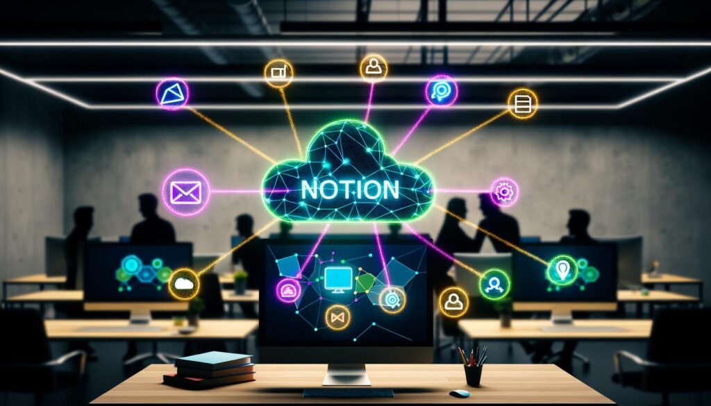 Modernes Büro mit Schreibtisch und mehreren Monitoren, die Notion mit automatisierten Workflows und Datenbanken zeigen. Farbige Verbindungslinien führen zu E-Mail, Slack, Teams, Social Media, CRM und Kalender-Hologrammen. Im Hintergrund arbeiten Teammitglieder mit digitalen Geräten.