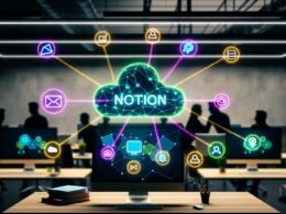 Modernes Büro mit Schreibtisch und mehreren Monitoren, die Notion mit automatisierten Workflows und Datenbanken zeigen. Farbige Verbindungslinien führen zu E-Mail, Slack, Teams, Social Media, CRM und Kalender-Hologrammen. Im Hintergrund arbeiten Teammitglieder mit digitalen Geräten.