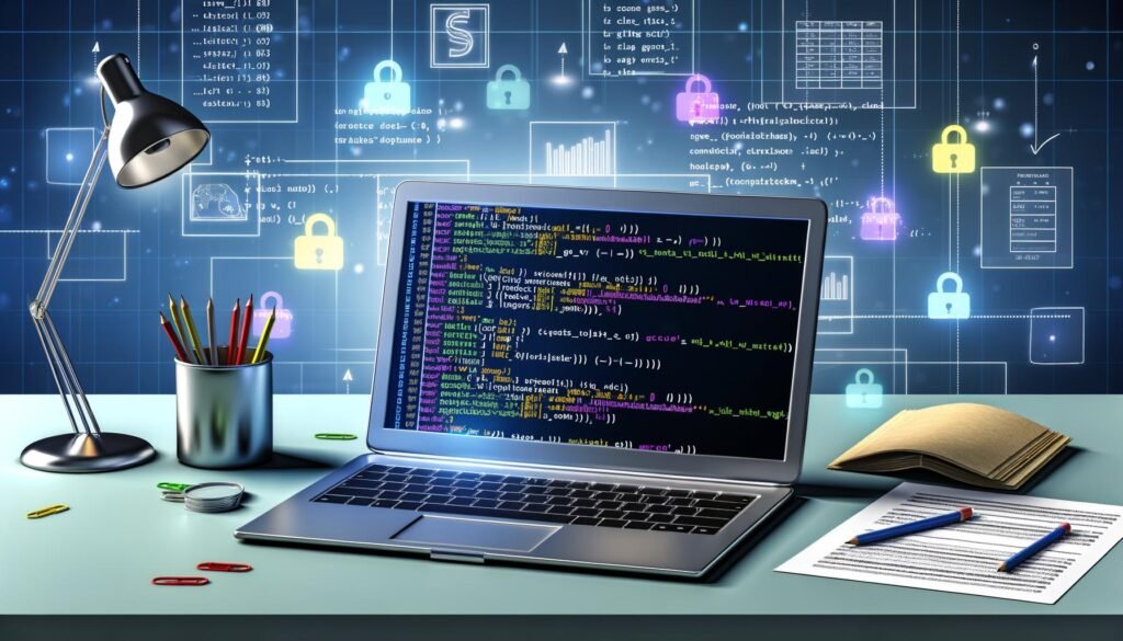 Illustration eines modernen Laptops mit sichtbarem Pandas-Code und diversen Datenquellen wie CSV, Excel, SQL, JSON und Parquet auf einem ordentlichen Schreibtisch, im Hintergrund Diagramme und ein digitales Whiteboard.
