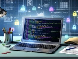 Illustration eines modernen Laptops mit sichtbarem Pandas-Code und diversen Datenquellen wie CSV, Excel, SQL, JSON und Parquet auf einem ordentlichen Schreibtisch, im Hintergrund Diagramme und ein digitales Whiteboard.