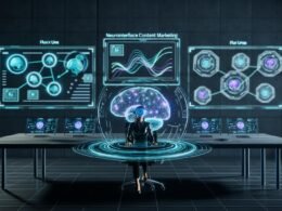 Futuristische Arbeitsumgebung mit Brain-Computer-Interface, holografischem Dashboard, leuchtenden neuronalen Netzwerken und dynamischen Content-Modulen vor diagrammreichen Screens.