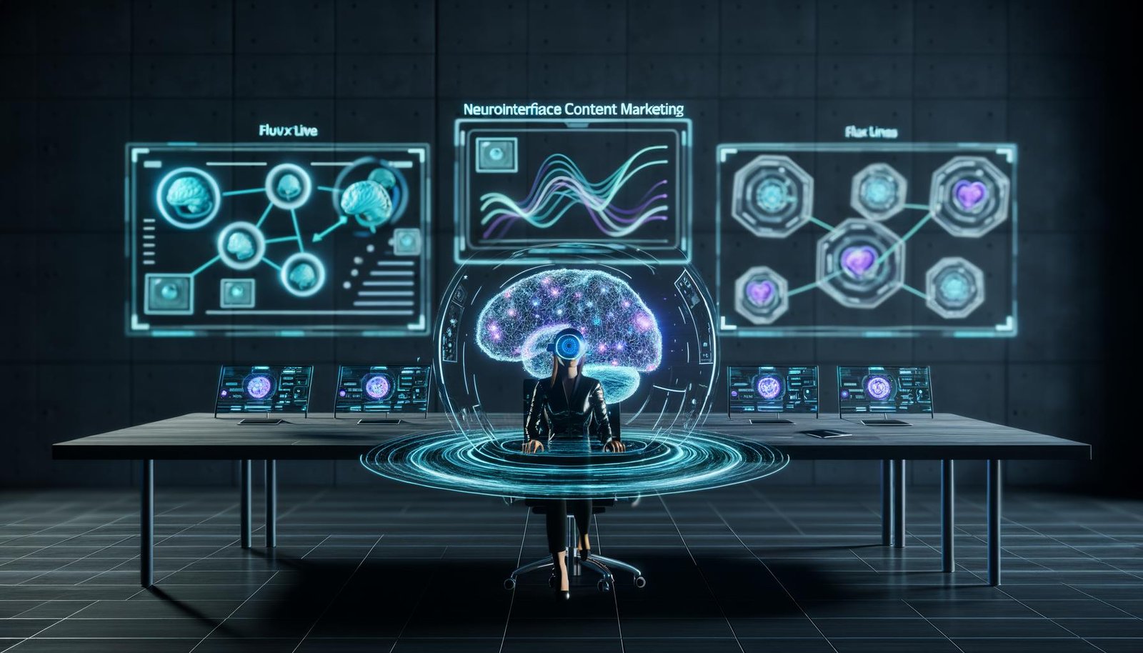 Futuristische Arbeitsumgebung mit Brain-Computer-Interface, holografischem Dashboard, leuchtenden neuronalen Netzwerken und dynamischen Content-Modulen vor diagrammreichen Screens.