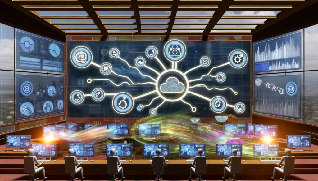 Digitaler Workspace mit Marketern an Monitoren, Analysen, Workflows, Plattform-Logos, CMS-Interface und Automatisierung – Symbol für innovative Marketingstrategie.