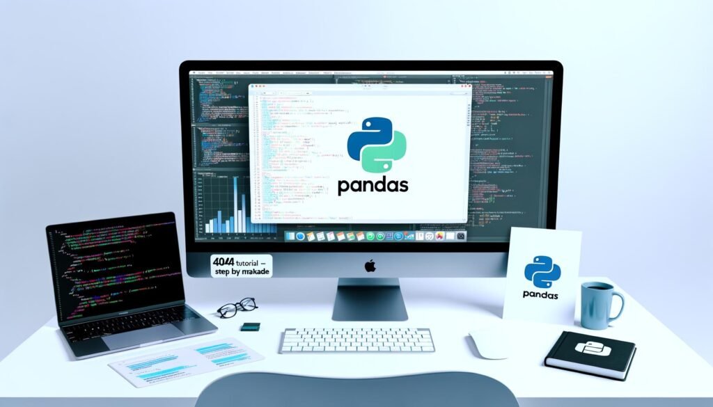 Moderner Arbeitsplatz mit großem Monitor, der ein Python-Pandas-DataFrame und diverse Datenvisualisierungen wie Diagramme und Grafiken anzeigt. Neben dem Monitor stehen ein geschlossener Laptop mit 404 Magazine Sticker, eine Kaffeetasse und ein Ausdruck mit der Überschrift 'Pandas Tutorial - Step by Step'.
