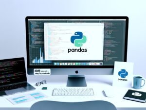 Moderner Arbeitsplatz mit großem Monitor, der ein Python-Pandas-DataFrame und diverse Datenvisualisierungen wie Diagramme und Grafiken anzeigt. Neben dem Monitor stehen ein geschlossener Laptop mit 404 Magazine Sticker, eine Kaffeetasse und ein Ausdruck mit der Überschrift 'Pandas Tutorial - Step by Step'.