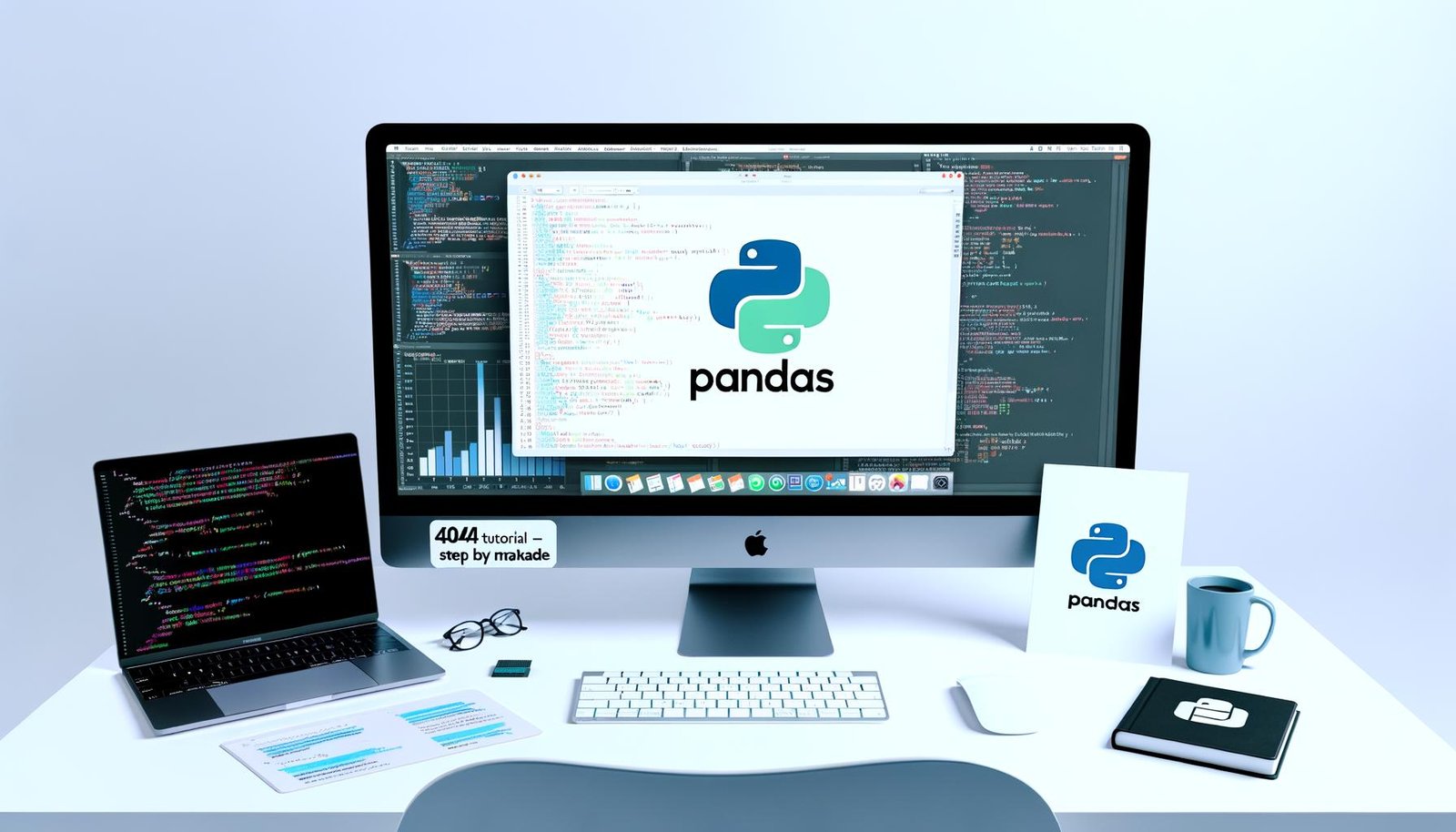 Moderner Arbeitsplatz mit großem Monitor, der ein Python-Pandas-DataFrame und diverse Datenvisualisierungen wie Diagramme und Grafiken anzeigt. Neben dem Monitor stehen ein geschlossener Laptop mit 404 Magazine Sticker, eine Kaffeetasse und ein Ausdruck mit der Überschrift 'Pandas Tutorial - Step by Step'.