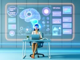 Futuristisches Marketingbüro mit Marketer am holografischen Bildschirm, Brain-Computer-Interface-Headset und schwebenden digitalen Inhalten in minimalistischer Umgebung.