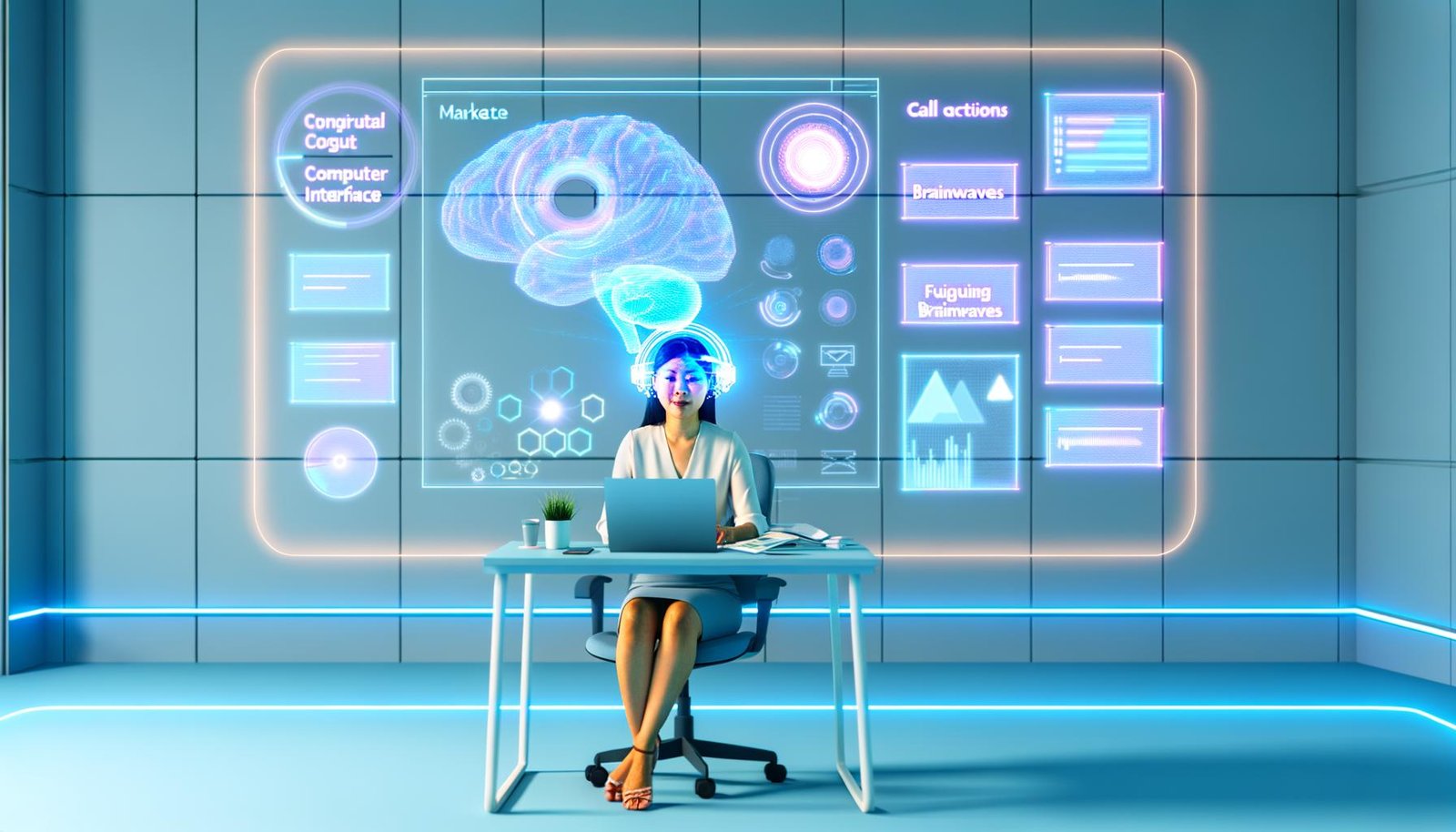 Futuristisches Marketingbüro mit Marketer am holografischen Bildschirm, Brain-Computer-Interface-Headset und schwebenden digitalen Inhalten in minimalistischer Umgebung.