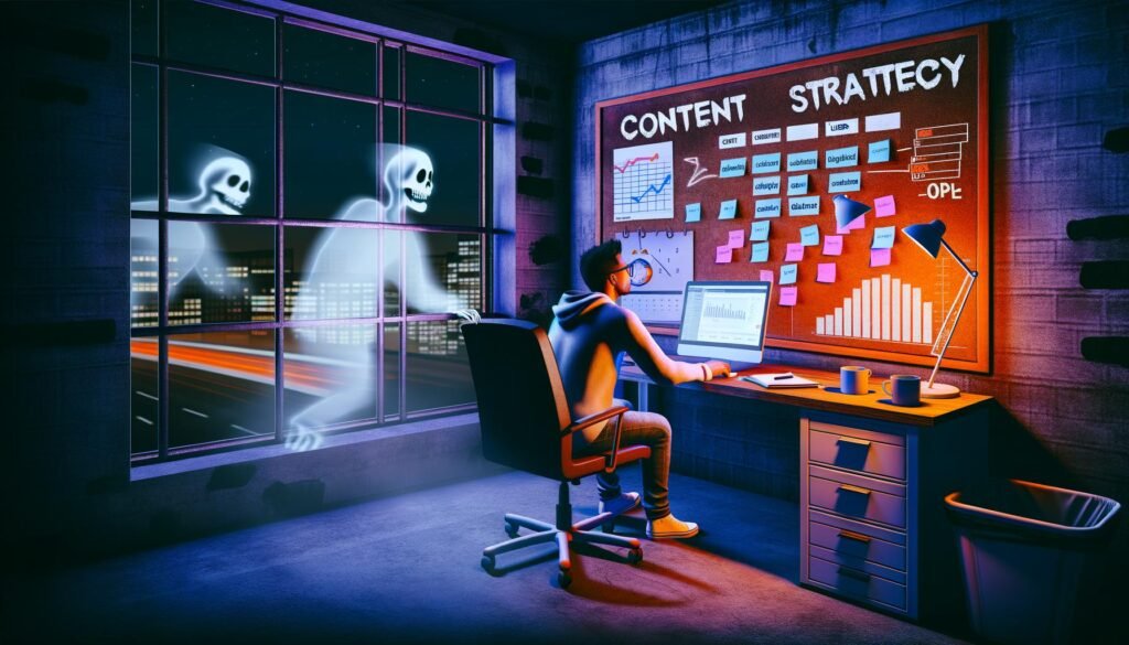 Stilisierte Illustration: Frustrierter Content-Manager arbeitet nachts einsam am Computer, umgeben von Post-its, Analytics und Kalender, während geisterhafte digitale Nutzer draußen vorbeigehen.
