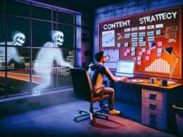 Stilisierte Illustration: Frustrierter Content-Manager arbeitet nachts einsam am Computer, umgeben von Post-its, Analytics und Kalender, während geisterhafte digitale Nutzer draußen vorbeigehen.