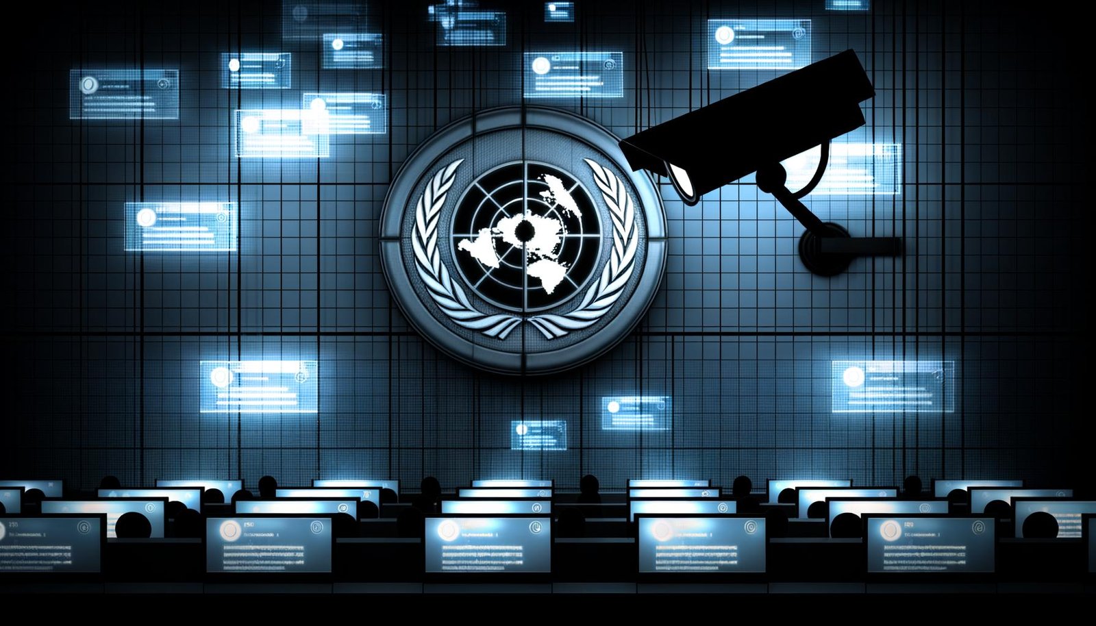 Düsteres digitales Kontrollzentrum mit Überwachungskameras, Datenströmen über Messenger-Logos wie WhatsApp und Signal, verschwommenen Nutzer-Silhouetten und EU-Flagge in einem kühlen Farbraum, Symbol für Überwachung und Gefährdung der Privatsphäre.