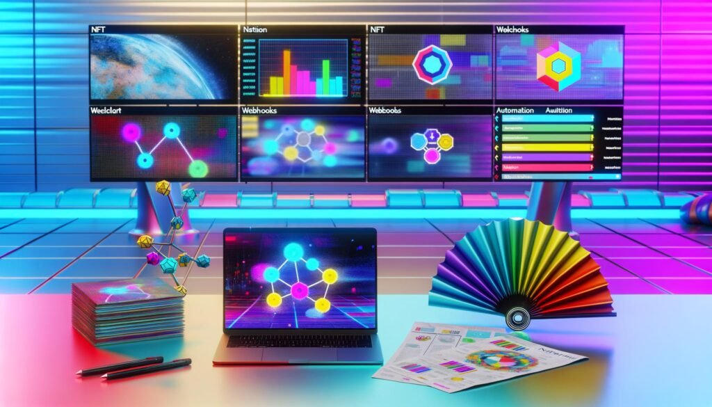 Heller futuristischer Schreibtisch mit mehreren Monitoren, lebhaften Diagrammen und einer Notion-Datenbank mit NFT-Logos, Wallet-Adressen, Discord-Handles, Checklisten und automatisierter Workflow-Visualisierung vor dezent leuchtenden Metaverse- und Blockchain-Symbolen.