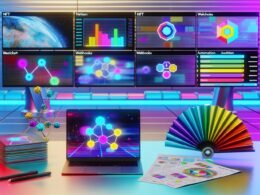 Heller futuristischer Schreibtisch mit mehreren Monitoren, lebhaften Diagrammen und einer Notion-Datenbank mit NFT-Logos, Wallet-Adressen, Discord-Handles, Checklisten und automatisierter Workflow-Visualisierung vor dezent leuchtenden Metaverse- und Blockchain-Symbolen.