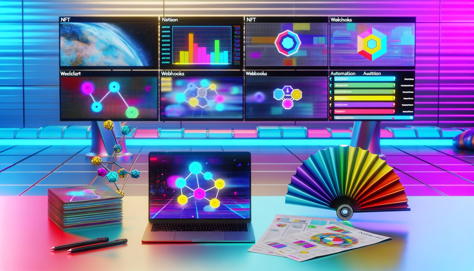 Heller futuristischer Schreibtisch mit mehreren Monitoren, lebhaften Diagrammen und einer Notion-Datenbank mit NFT-Logos, Wallet-Adressen, Discord-Handles, Checklisten und automatisierter Workflow-Visualisierung vor dezent leuchtenden Metaverse- und Blockchain-Symbolen.