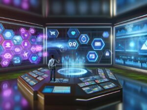 Marketer orchestriert im futuristischen Kontrollraum per Hologramm die Verteilung von Content über digitale Kanäle mit zahlreichen digitalen Dashboards und Datenflüssen.