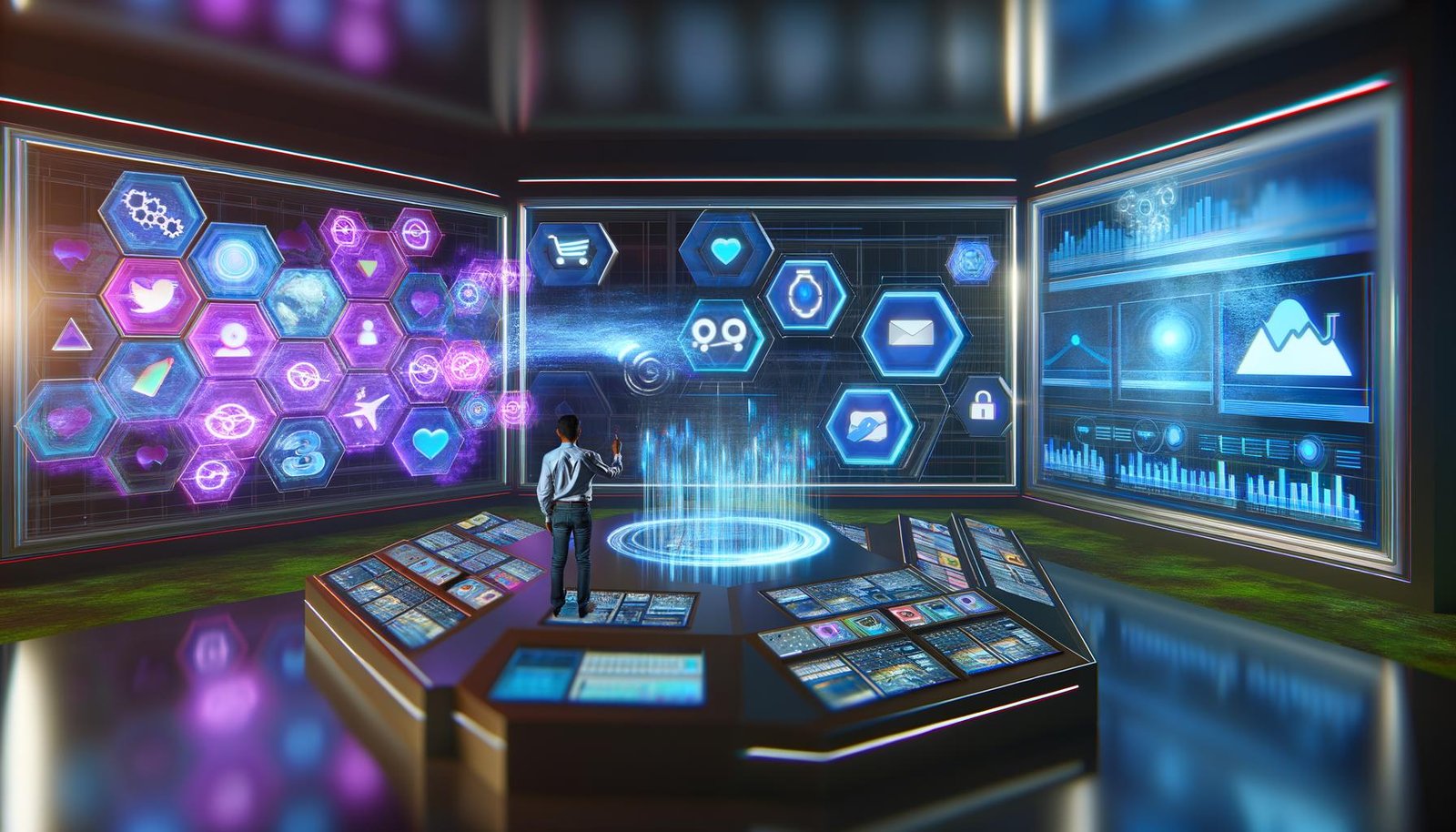 Marketer orchestriert im futuristischen Kontrollraum per Hologramm die Verteilung von Content über digitale Kanäle mit zahlreichen digitalen Dashboards und Datenflüssen.