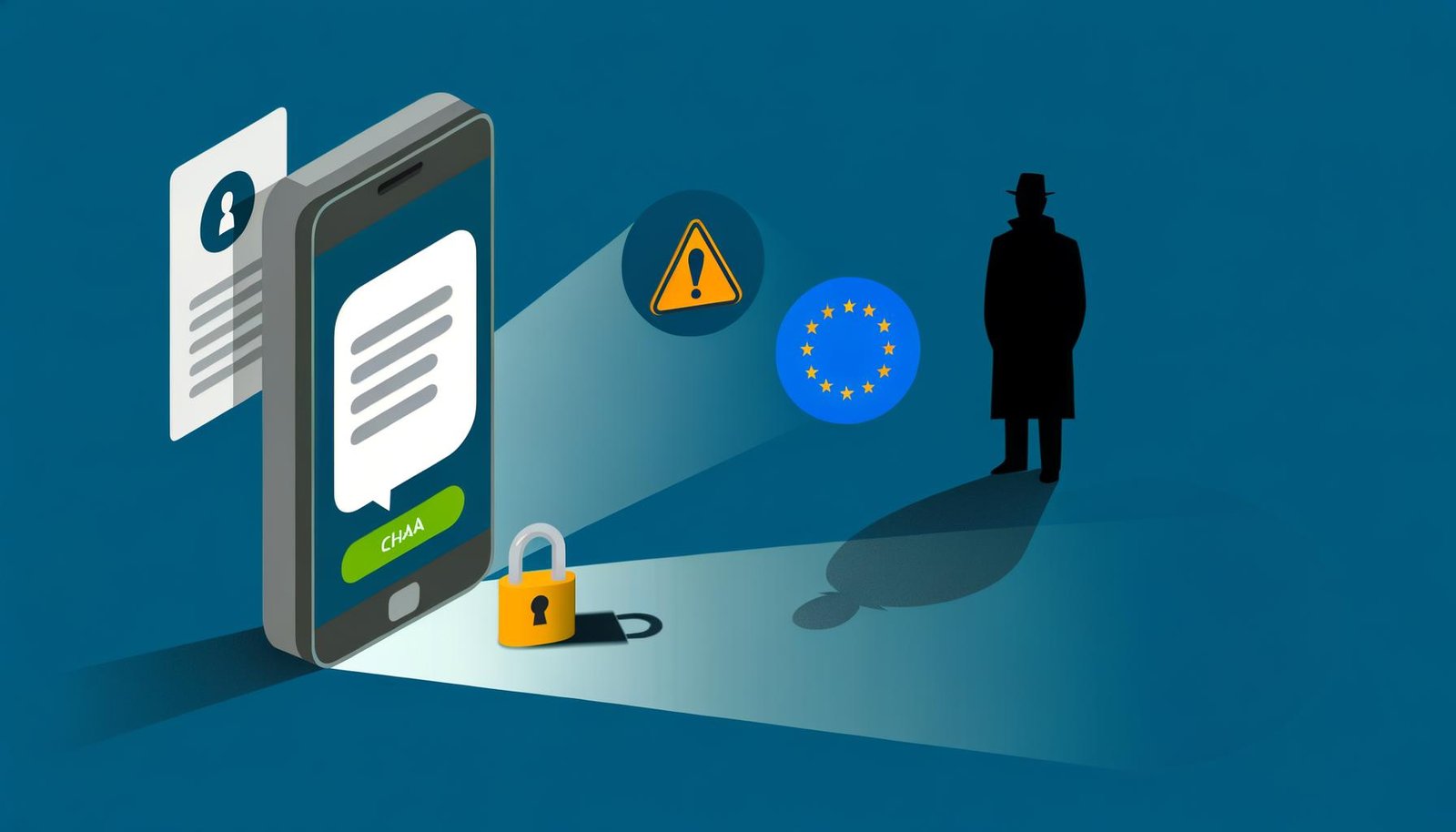 Illustration eines Smartphones mit Chat-App, Datenschutzsymbolen und der Silhouette eines Überwachungsagenten im Hintergrund.