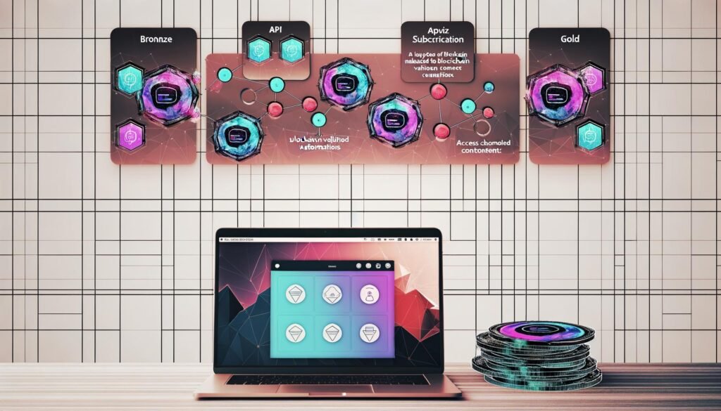 Moderner Arbeitsplatz mit offenem Laptop, NFT-Illustrationen, Metamask-Icon, Notion-Abo-Tiers und Blockchain-Automation in minimalistischem Web3-Stil.