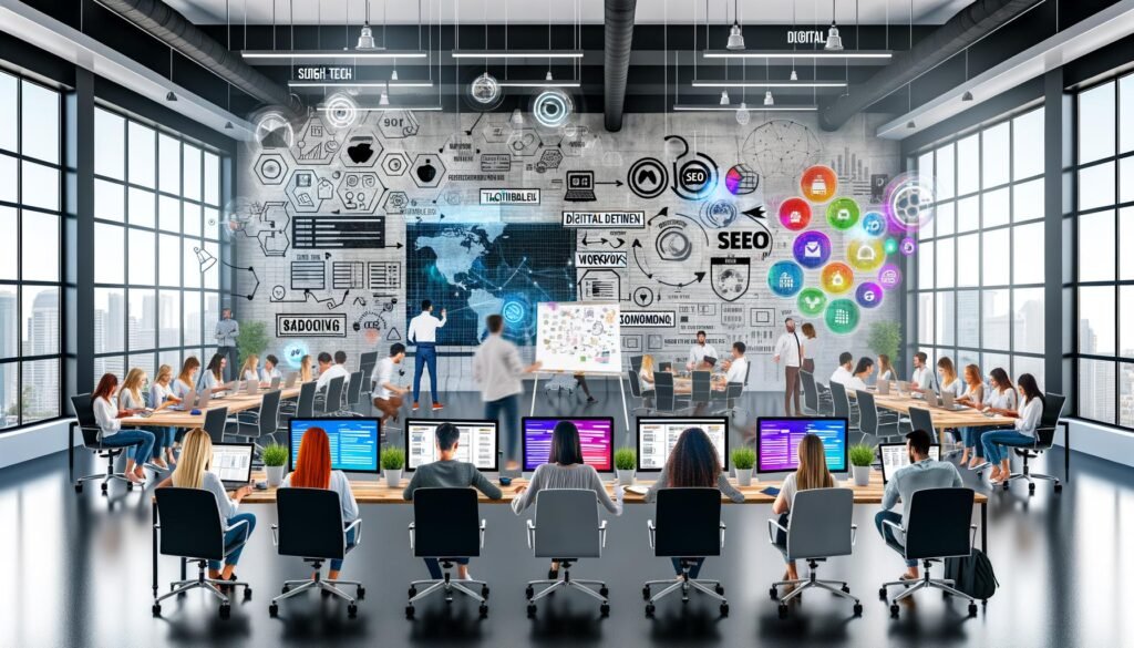 Modernes Redaktionsbüro mit großem Whiteboard, digitalen Monitoren, fokussiertem Team beim Brainstorming und Social Media Icons als digitale Overlays.