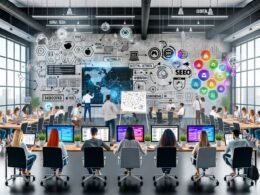 Modernes Redaktionsbüro mit großem Whiteboard, digitalen Monitoren, fokussiertem Team beim Brainstorming und Social Media Icons als digitale Overlays.