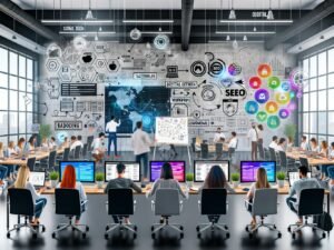 Modernes Redaktionsbüro mit großem Whiteboard, digitalen Monitoren, fokussiertem Team beim Brainstorming und Social Media Icons als digitale Overlays.