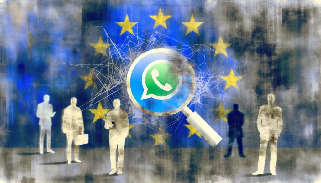 Collage einer zerfallenden EU-Flagge mit Lupe über Messenger-Chats, gespannte Drähte um digitale Geräte und Überwacher mit Kamera-Köpfen, ein durchsichtiger Mensch aus Codezeilen im Zentrum.