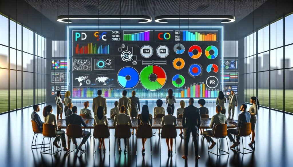 Geschäftsteam analysiert an einer interaktiven Displaywand multichannel Datenströme und KPIs in einem modernen Workspace.