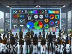 Geschäftsteam analysiert an einer interaktiven Displaywand multichannel Datenströme und KPIs in einem modernen Workspace.