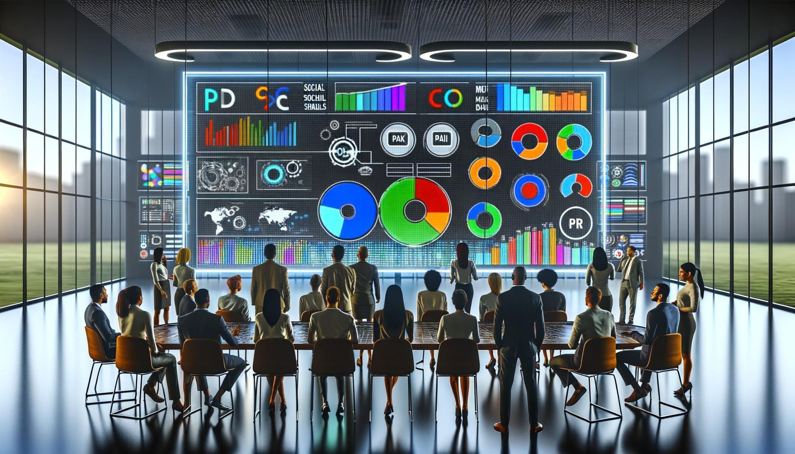 Geschäftsteam analysiert an einer interaktiven Displaywand multichannel Datenströme und KPIs in einem modernen Workspace.