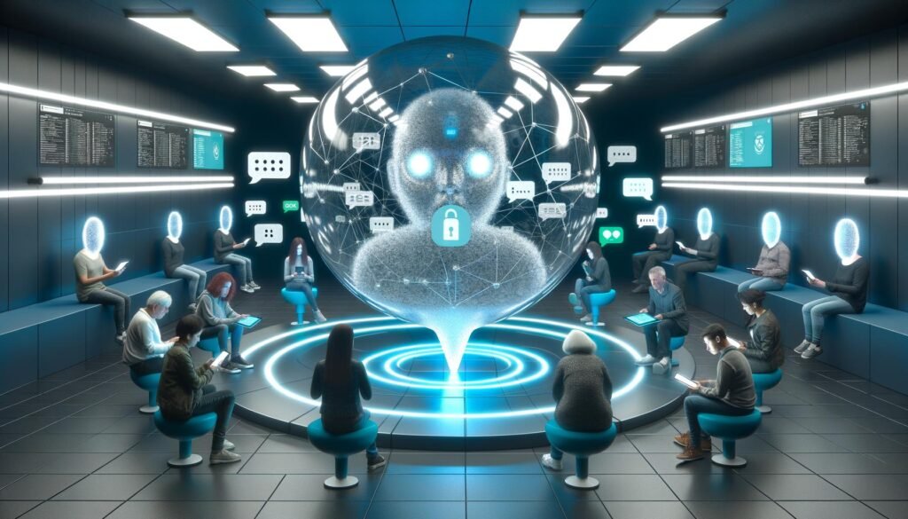 Futuristischer Raum mit großer gläserner Chatblase: Alltagsmenschen mit besorgtem Blick an digitalen Geräten auf der einen Seite, gesichtslose Behördenfiguren auf der anderen, umgeben von Metadaten, Profilbildern, digitalen Netzen und leuchtenden Vorhängeschloss-Symbolen.