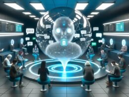 Futuristischer Raum mit großer gläserner Chatblase: Alltagsmenschen mit besorgtem Blick an digitalen Geräten auf der einen Seite, gesichtslose Behördenfiguren auf der anderen, umgeben von Metadaten, Profilbildern, digitalen Netzen und leuchtenden Vorhängeschloss-Symbolen.