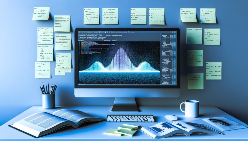 Moderner Schreibtisch mit großem Monitor, der ein detailliertes Pandas DataFrame als vielseitiges Daten-Dashboard anzeigt, umgeben von Python-Referenzbüchern, Notizzetteln mit Python-Code und einer Kaffeetasse.