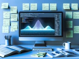 Moderner Schreibtisch mit großem Monitor, der ein detailliertes Pandas DataFrame als vielseitiges Daten-Dashboard anzeigt, umgeben von Python-Referenzbüchern, Notizzetteln mit Python-Code und einer Kaffeetasse.