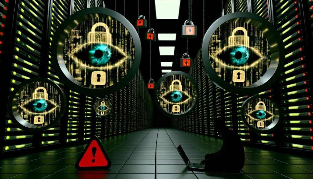 Serverraum mit dunklen Serverreihen, große Chatblasen mit leuchtendem Überwachungsauge und gesprungenen Vorhängeschlössern, davor eine Person am Laptop, alles unter einer verblassenden EU-Flagge