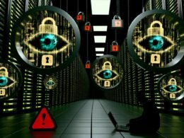 Serverraum mit dunklen Serverreihen, große Chatblasen mit leuchtendem Überwachungsauge und gesprungenen Vorhängeschlössern, davor eine Person am Laptop, alles unter einer verblassenden EU-Flagge