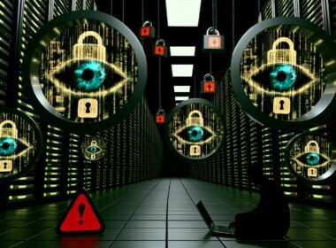 Serverraum mit dunklen Serverreihen, große Chatblasen mit leuchtendem Überwachungsauge und gesprungenen Vorhängeschlössern, davor eine Person am Laptop, alles unter einer verblassenden EU-Flagge