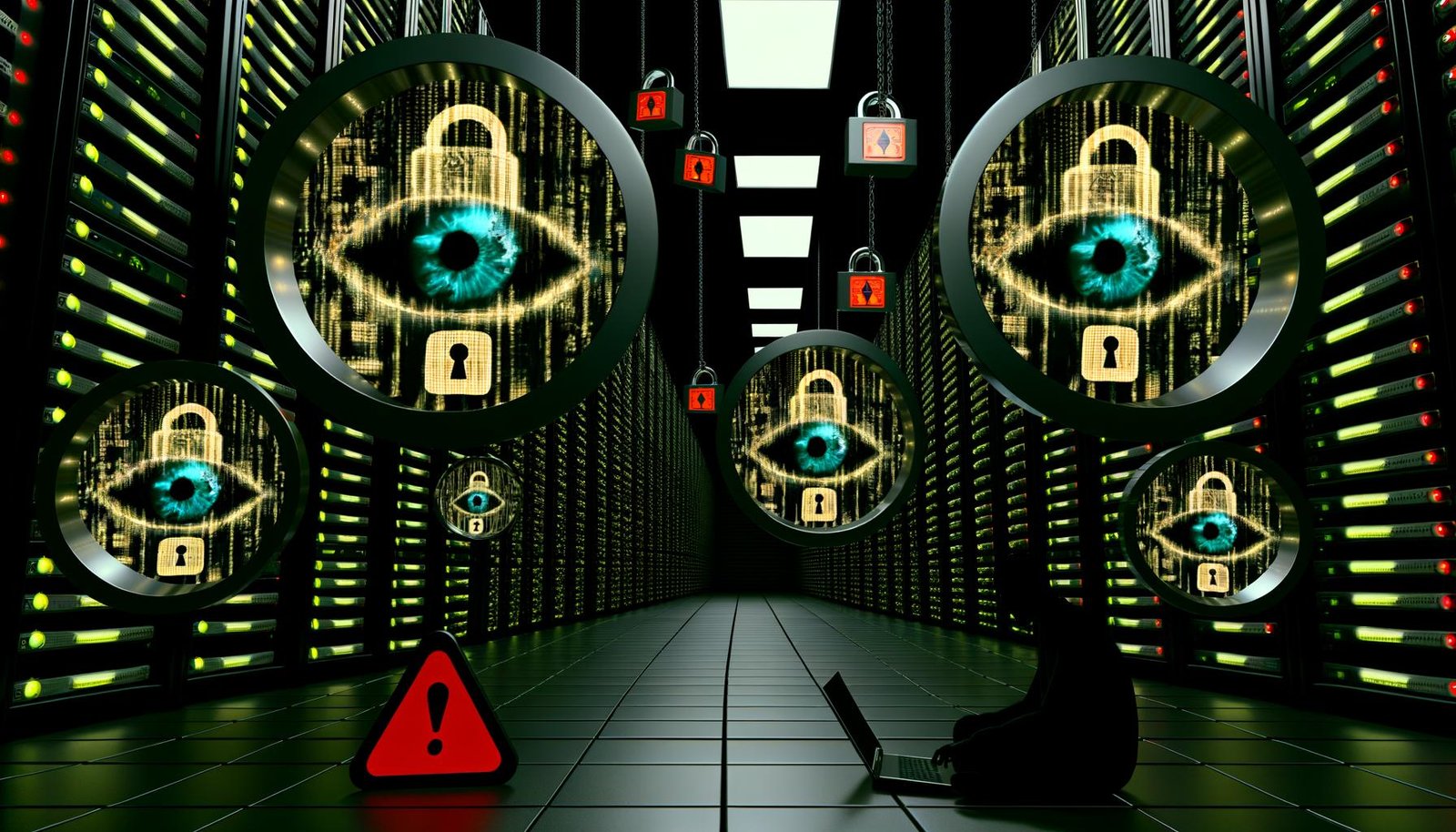 Serverraum mit dunklen Serverreihen, große Chatblasen mit leuchtendem Überwachungsauge und gesprungenen Vorhängeschlössern, davor eine Person am Laptop, alles unter einer verblassenden EU-Flagge
