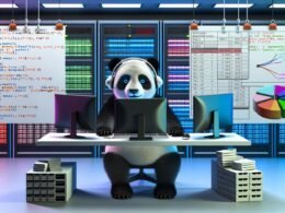 Stilisierte Illustration eines Pandas mit Kopfhörern im Kontrollraum einer Hightech-Datenzentrale, vor großen Bildschirmen mit DataFrames, Pivot-Tabellen, Diagrammen und Python-Code.