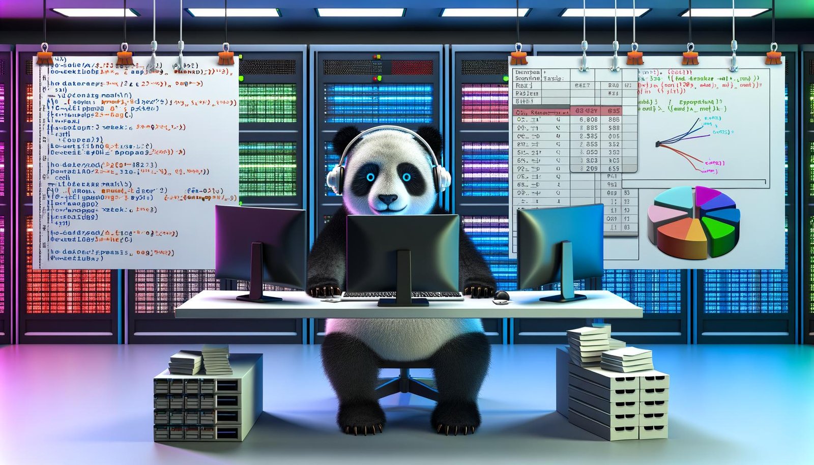 Stilisierte Illustration eines Pandas mit Kopfhörern im Kontrollraum einer Hightech-Datenzentrale, vor großen Bildschirmen mit DataFrames, Pivot-Tabellen, Diagrammen und Python-Code.