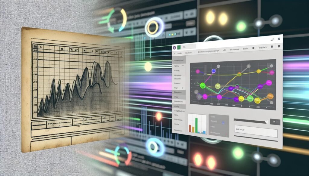 Gegenüberstellung eines klassischen, grauen Excel-Diagramms und eines modernen, interaktiven Plotly Dashboards mit leuchtenden Farben und Cloud-Oberfläche.