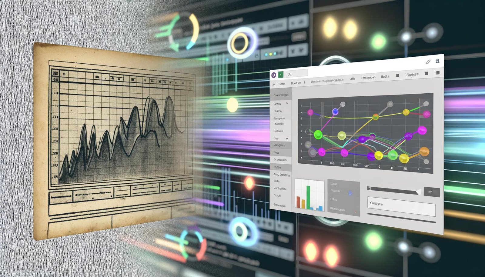 Gegenüberstellung eines klassischen, grauen Excel-Diagramms und eines modernen, interaktiven Plotly Dashboards mit leuchtenden Farben und Cloud-Oberfläche.