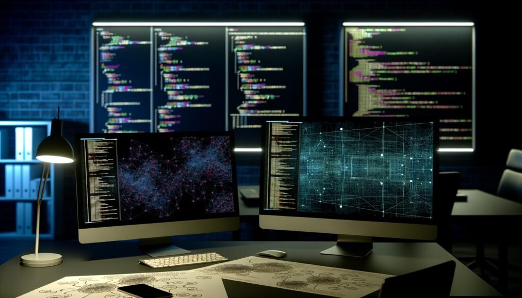 Moderner, klar designter Arbeitsplatz bei Nacht mit mehreren Monitoren, auf denen Python-Code, DataFrames und Diagramme angezeigt werden. Im Hintergrund digitale Symbole und Zahlenströme, auf dem Tisch Skizzen von Data Pipelines.