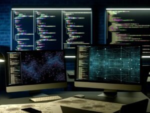 Moderner, klar designter Arbeitsplatz bei Nacht mit mehreren Monitoren, auf denen Python-Code, DataFrames und Diagramme angezeigt werden. Im Hintergrund digitale Symbole und Zahlenströme, auf dem Tisch Skizzen von Data Pipelines.