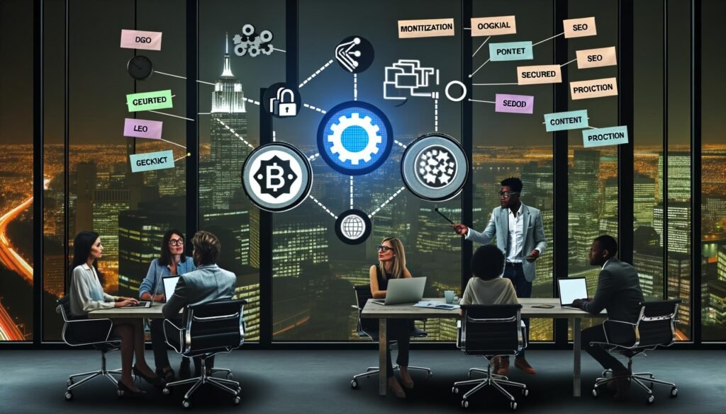 Hightech-Büroszene mit einem diversen Marketingteam an einem großen Bildschirm voller Notion-Logos, Blockchain-Tokens, und Zahlungs-Icons. Im Hintergrund Glaswände mit Blick auf die Stadt, im Vordergrund Laptops und Smartphones auf einem Schreibtisch.